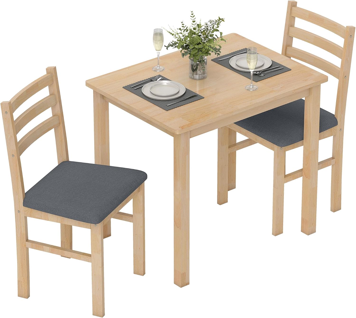 HOMCOM Essgruppe Holz 80 x 60 cm Esstisch mit 2 Stühlen Platzsparend Esszimmergruppe Sitzgruppe Rechteckig Küchentisch mit gepolsterten Essstühlen für kleine Raum, Esszimmer, Küche, Naturholz