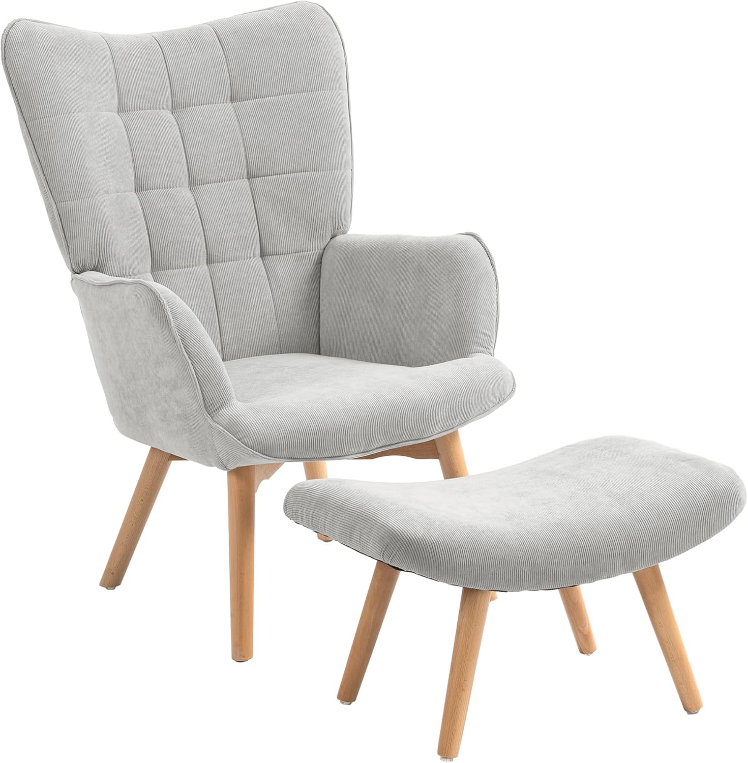 HOMCOM Ohrensessel mit Hocker Sessel Loungesessel mit Cord-Optik, Modern Relaxsessel, Armlehnensessel Lesesessel für Wohnzimmer, Schlafzimmer, Grau