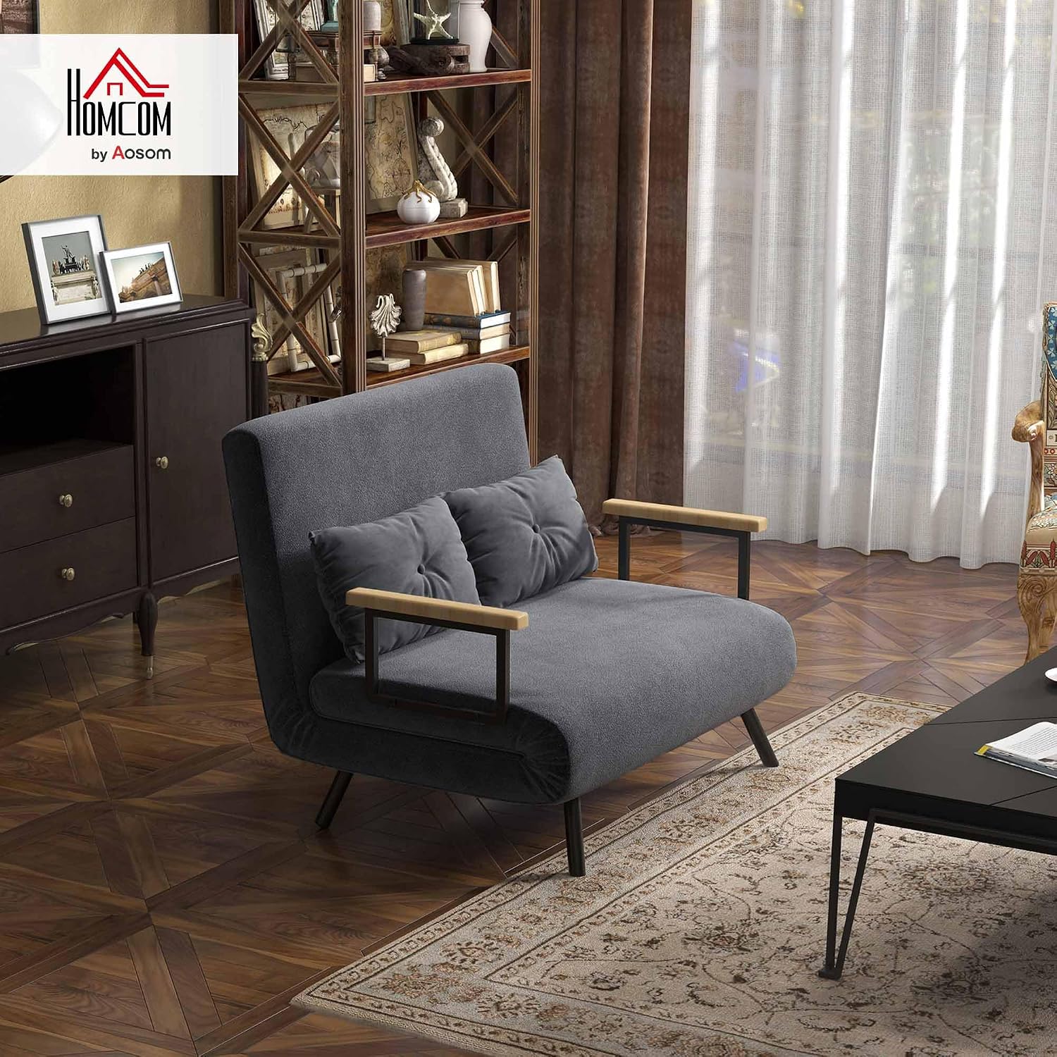HOMCOM Schlafsofa 4 in 1 2 Sitzer Sofa mit Schlaffunktion, 183 x 98,5 cm Klappbar Couch Schlafcouch mit 5-stufig Verstellbarer Rückenlehne, Lendenkissen und Samtoptik für Wohnzimmer, Dunkelgrau — Ansicht 2