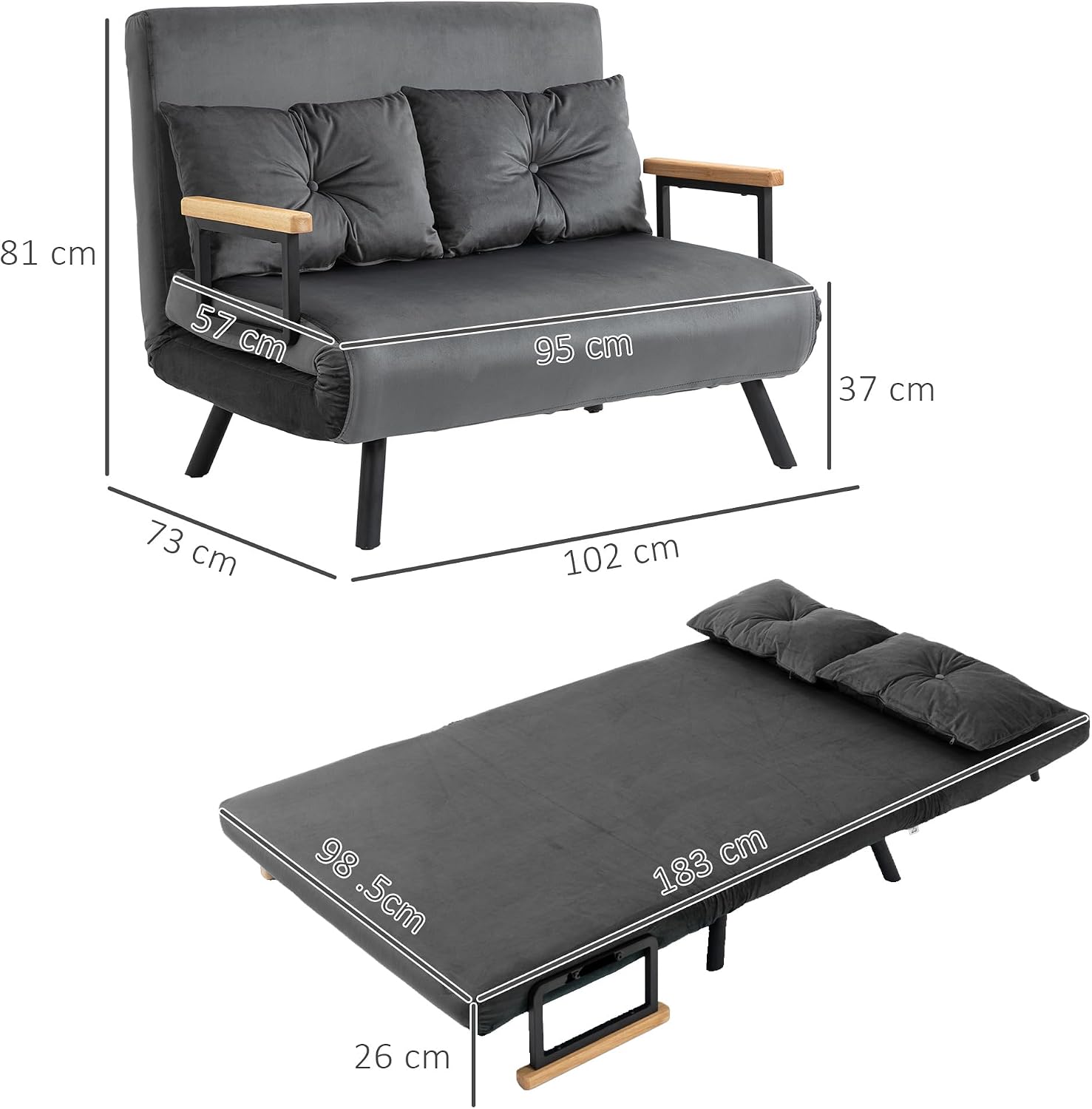 HOMCOM Schlafsofa 4 in 1 2 Sitzer Sofa mit Schlaffunktion, 183 x 98,5 cm Klappbar Couch Schlafcouch mit 5-stufig Verstellbarer Rückenlehne, Lendenkissen und Samtoptik für Wohnzimmer, Dunkelgrau — Ansicht 3