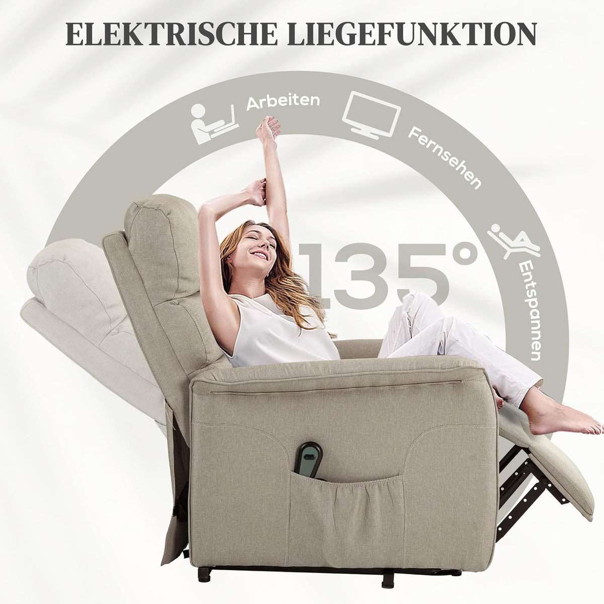 Frau in einem beigen elektrischen Sessel mit einer um 135 Grad verstellbaren Rückenlehne zum Entspannen.