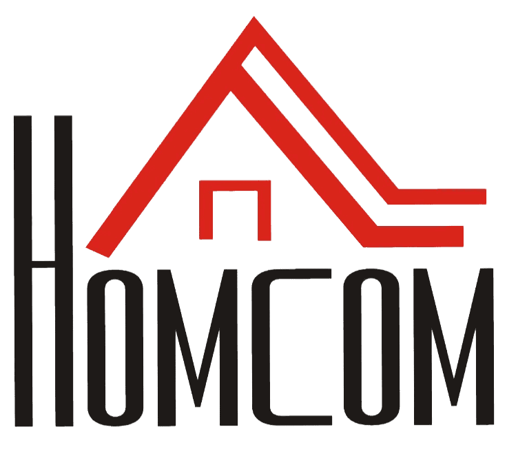 HOMCOM-Logo mit einem stilisierten roten Dach und einer Tür über dem Markennamen in fetten schwarzen Buchstaben.